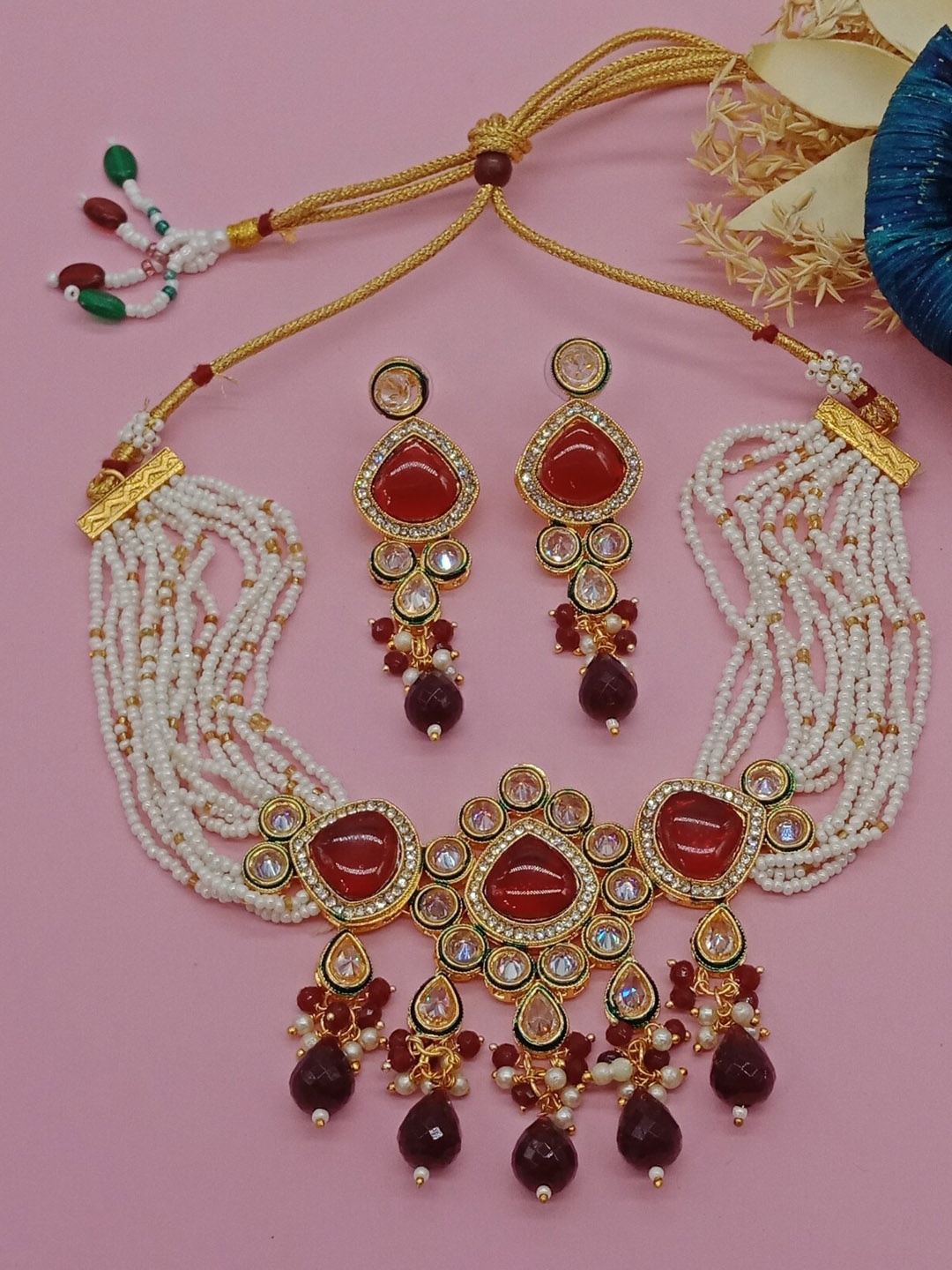 

AASHISH IMITATION Gold-Plated American Diamond Studded & Beaded Jewellery Set