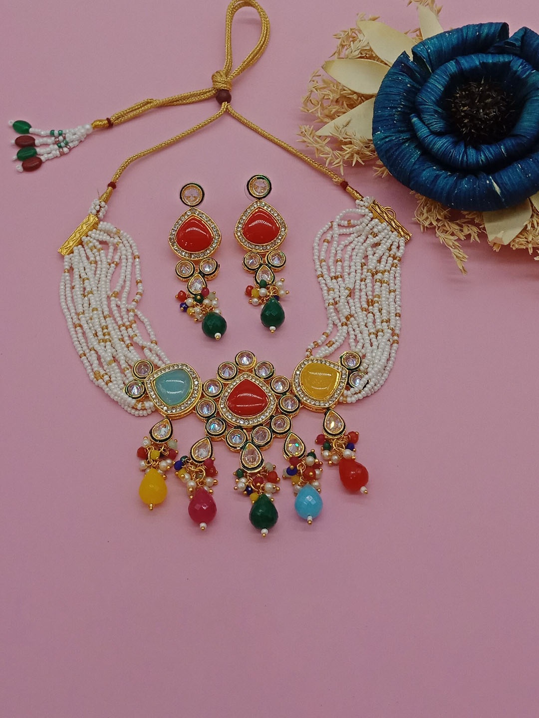 

AASHISH IMITATION Gold-Plated American Diamond Studded & Beaded Jewellery Set