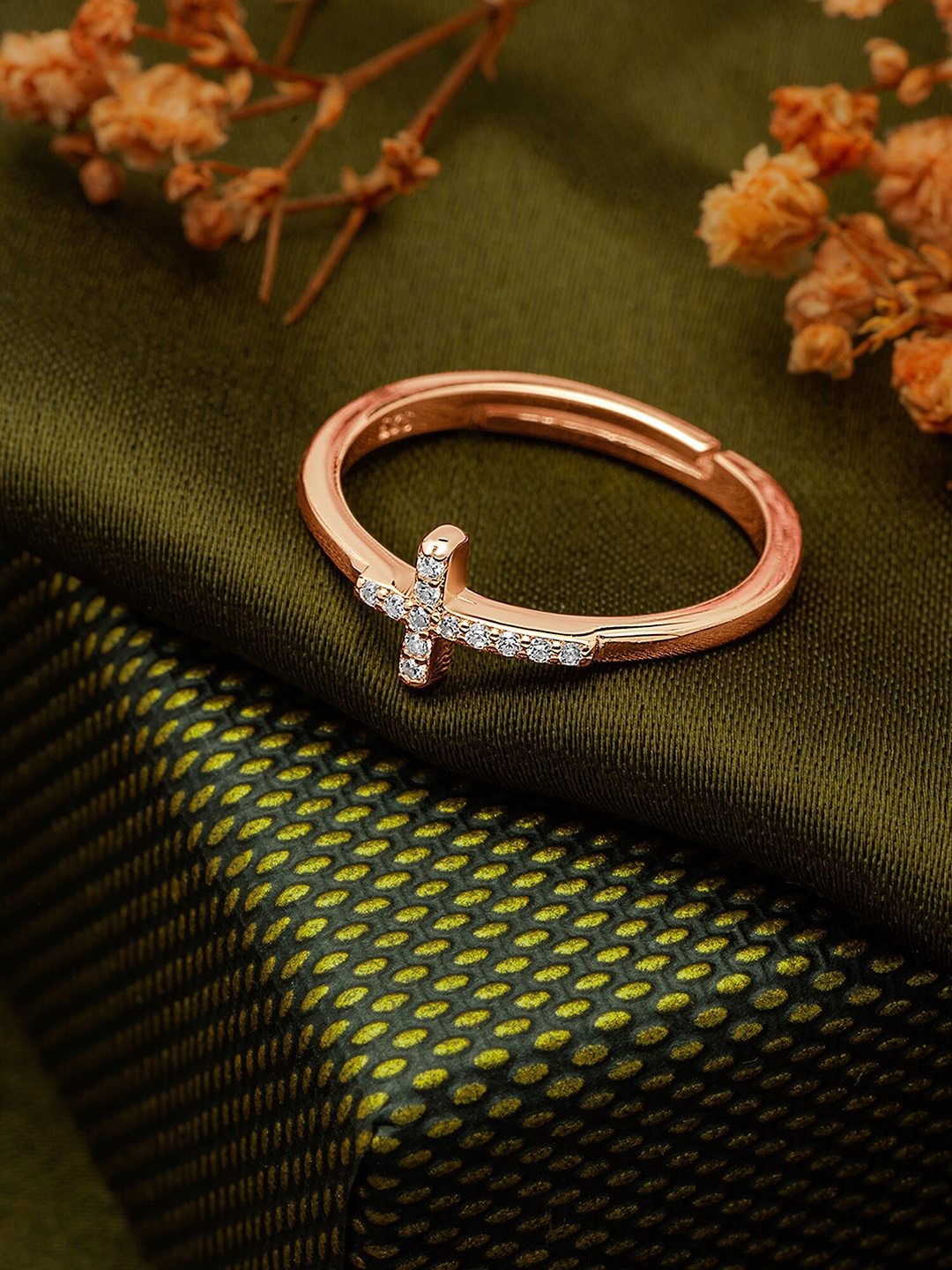 

SILBERRY Rose Gold-Plated 92.5 Sterling Cubic Zirconia Studded Finger Ring