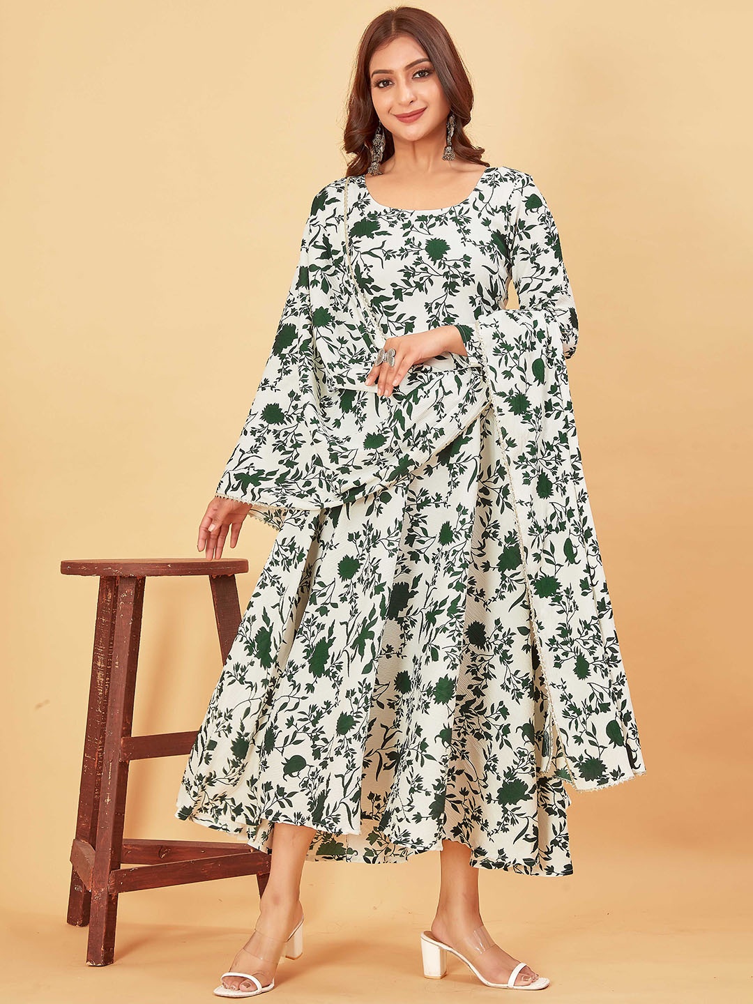 Pari THE FASHION STUDIO Floral Printed Gotta Patti Maxi Ethnic Dress With Dupatta, White