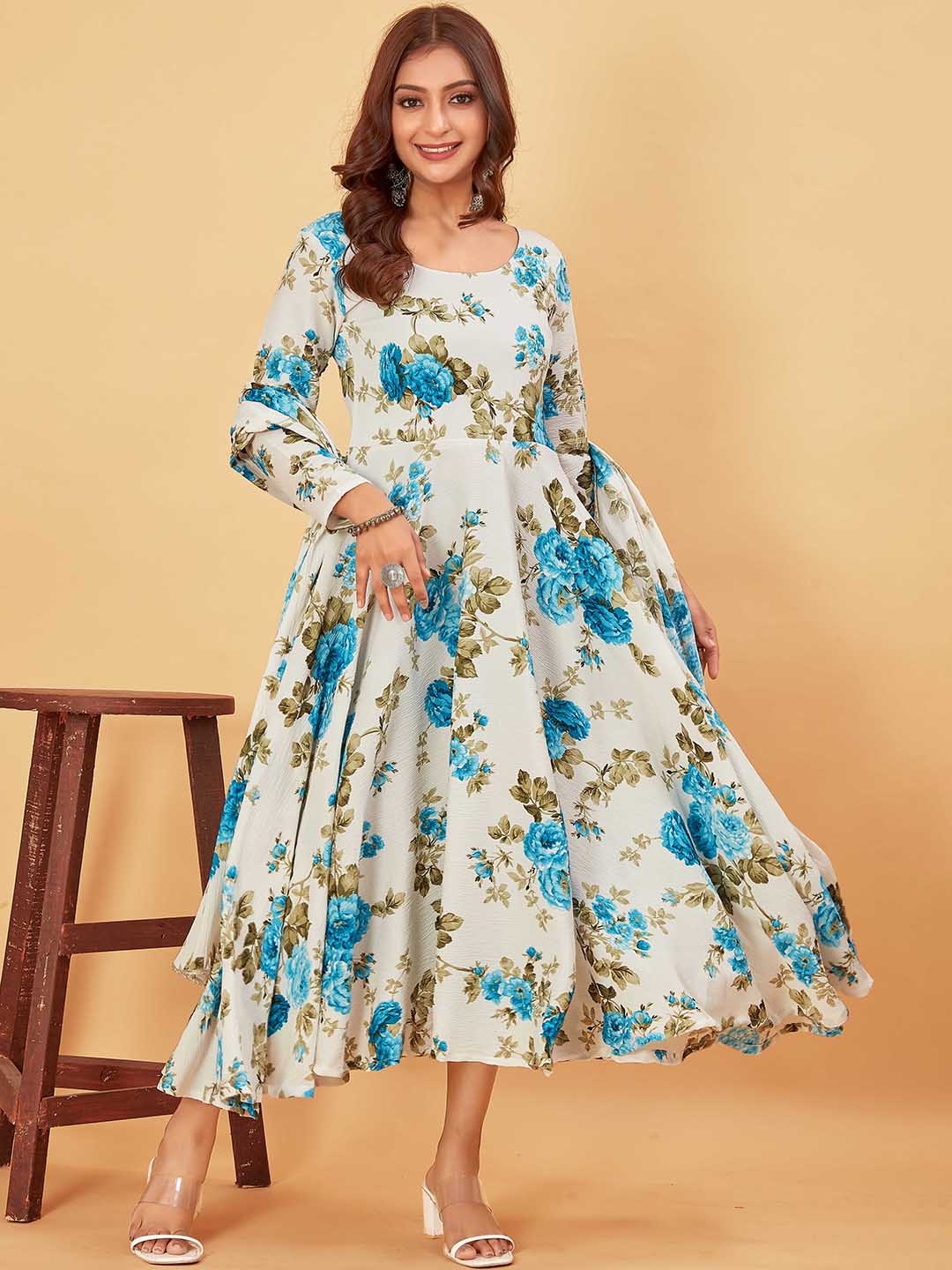 

Pari THE FASHION STUDIO Floral Printed Fit & Flare Midi Ethnic Dress With Dupatta, White