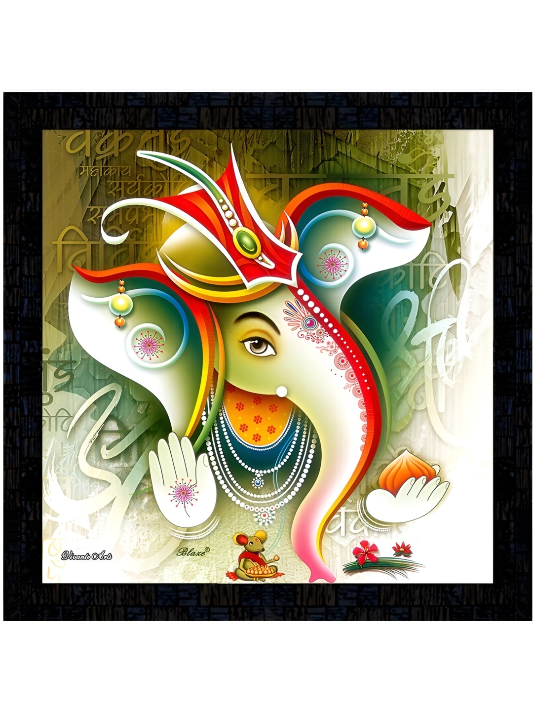 

PnF Black & Green Lord Ganesha Religious Wooden Painting Wall Art