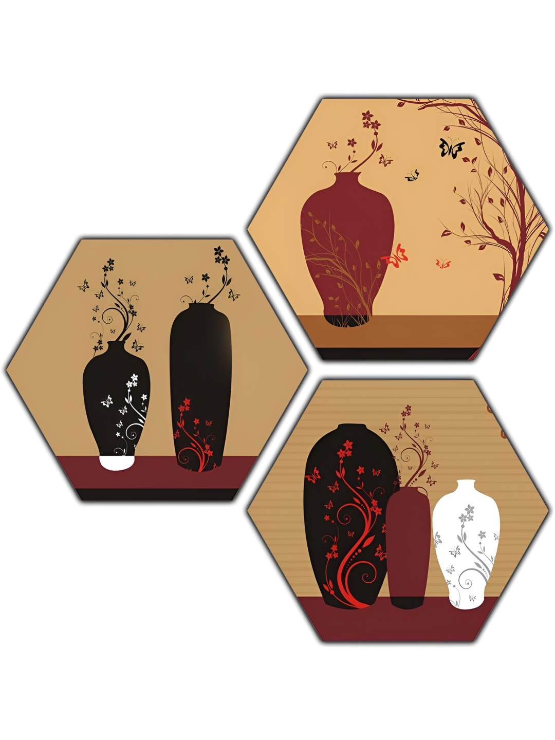 

PnF Brown & Maroon 3 Pieces Wooden Floral and Botanical Wall Painting
