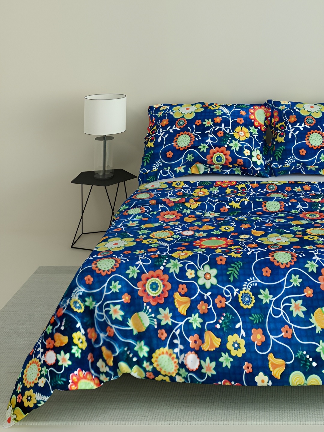 

LABHAM Blue & Pink Floral Printed 140 TC Cotton Queen Bedsheet With 2 Pillow Covers