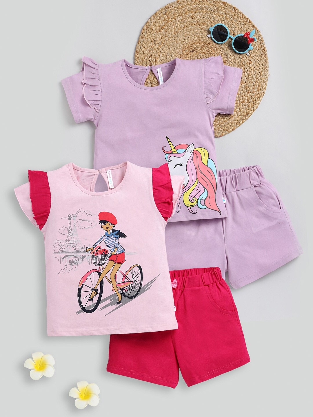 

Toonyport Girls Pack Of 2 Printed Pure Cotton T-shirt with Shorts, Pink