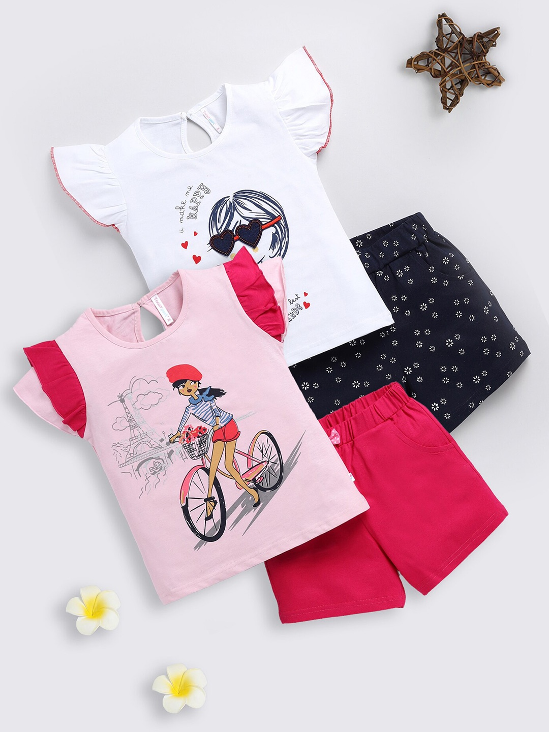 

Toonyport Girls Pack Of 2 Printed Pure Cotton Top with Shorts, White