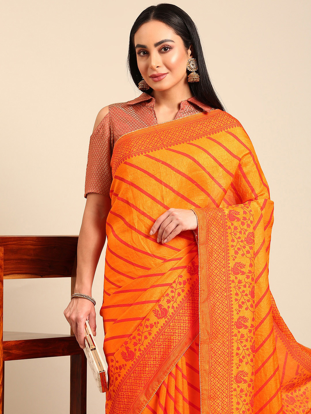 

HERE&NOW Floral Silk Blend Saree, Orange