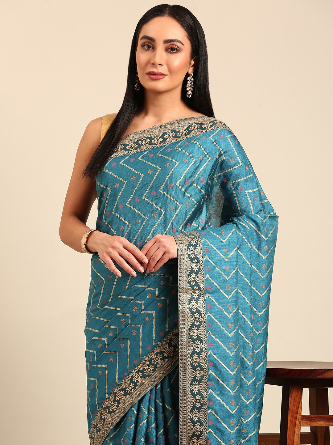 

HERE&NOW Printed Zari Pure Silk Saree, Blue