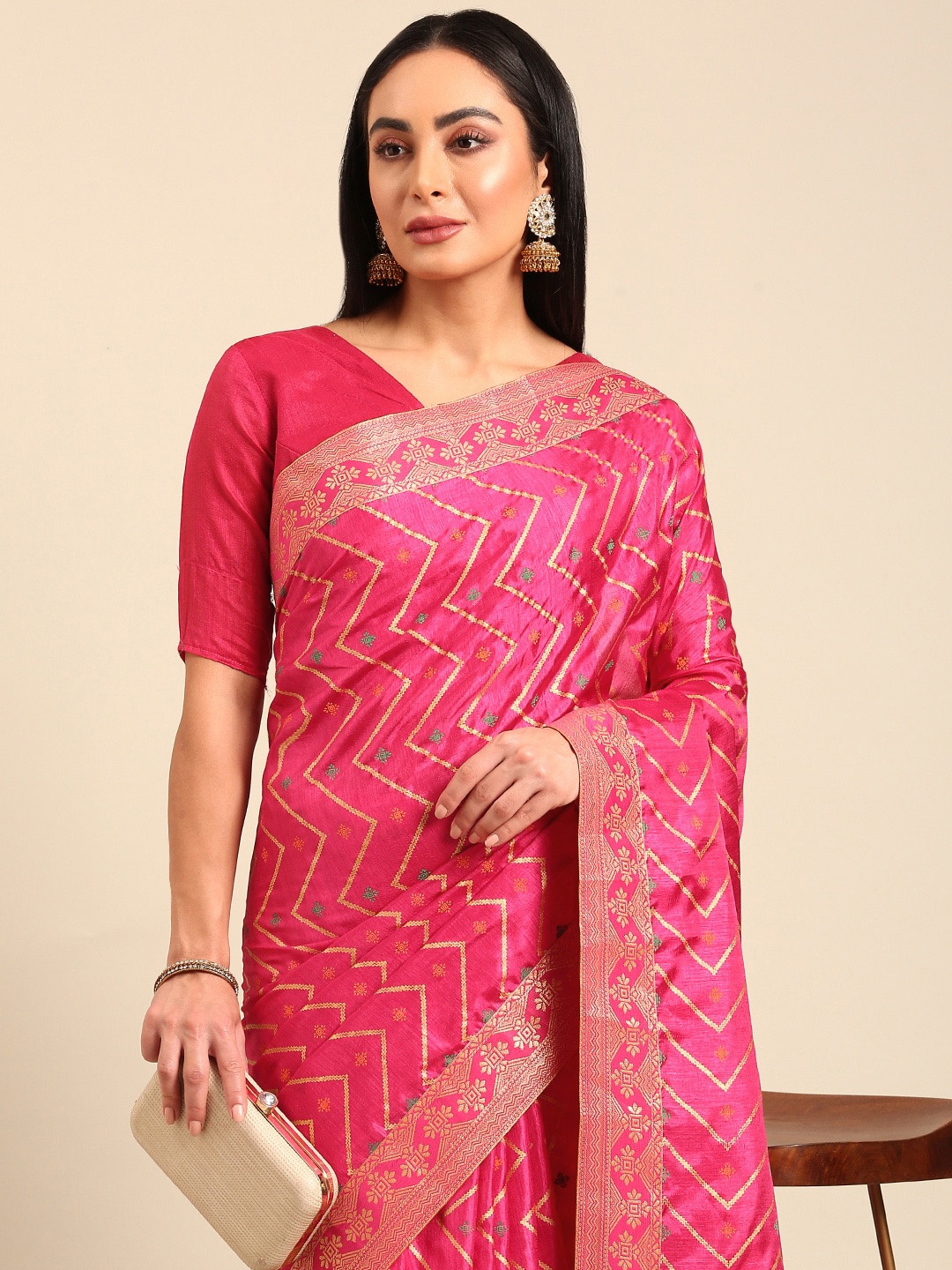 

HERE&NOW Printed Zari Pure Silk Saree, Pink