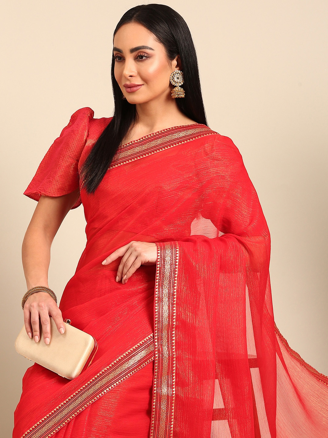 

HERE&NOW Zari Pure Georgette Saree, Red