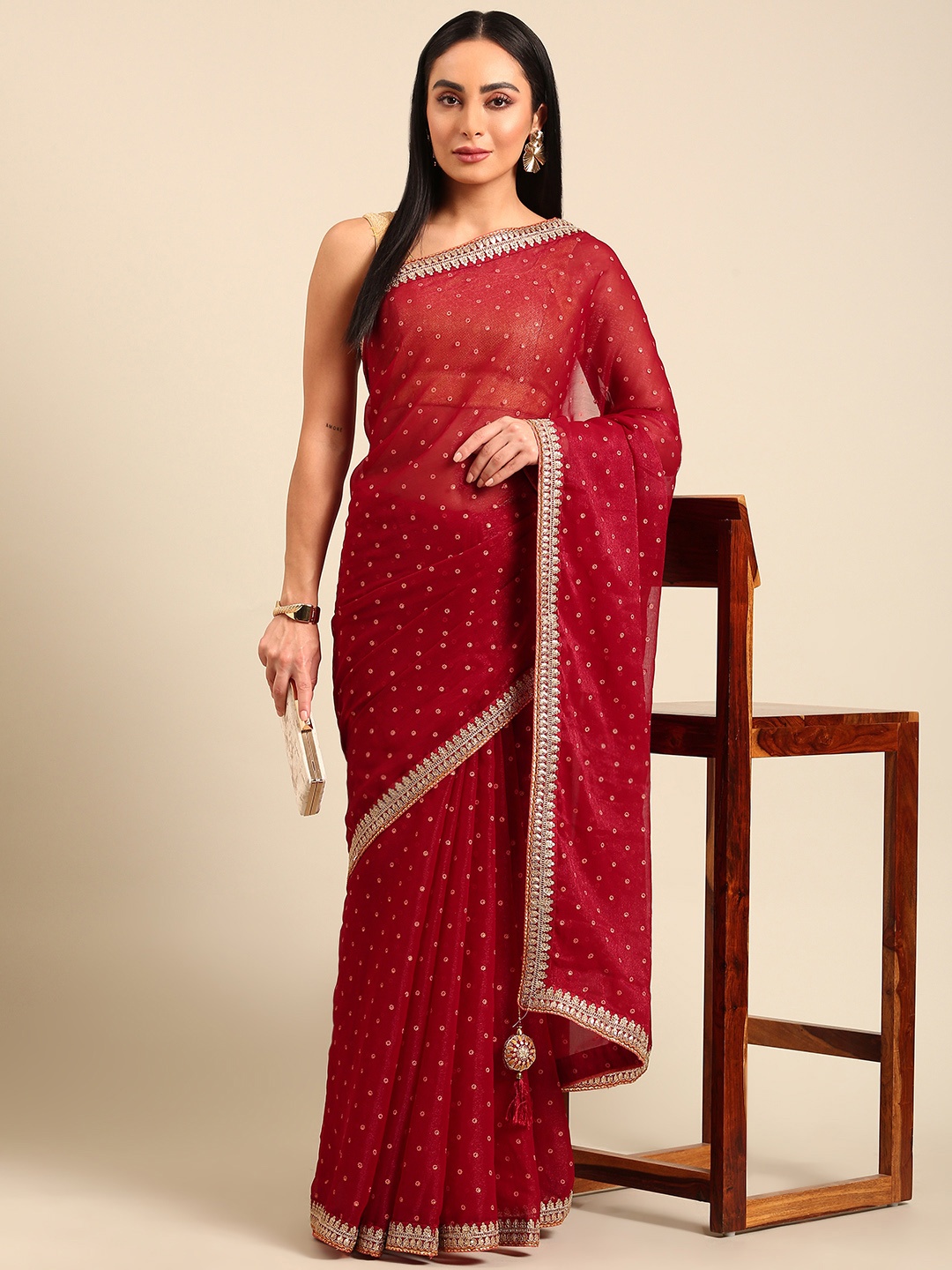 

HERE&NOW Woven Design Sequinned Pure Chiffon Saree, Maroon