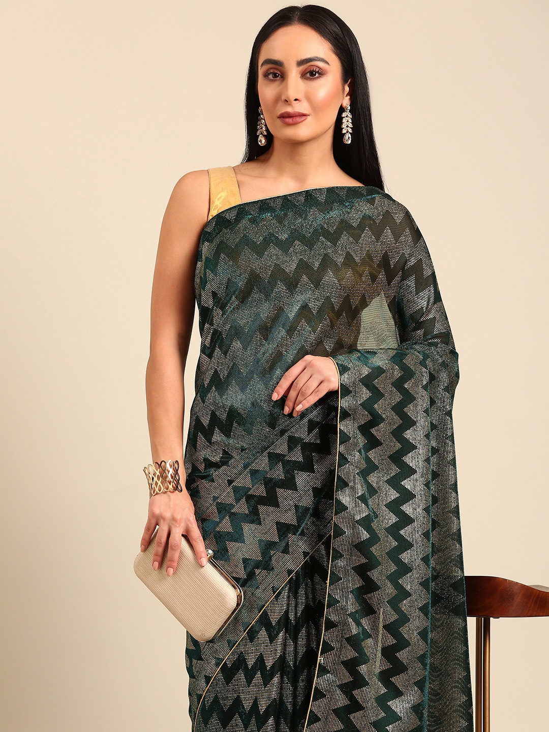 

HERE&NOW Zari Pure Chiffon Saree, Navy blue