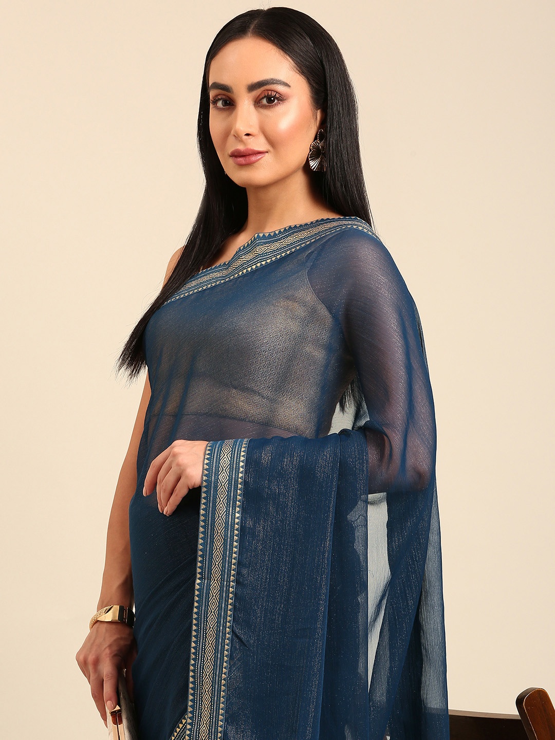 

HERE&NOW Zari Pure Georgette Saree, Navy blue