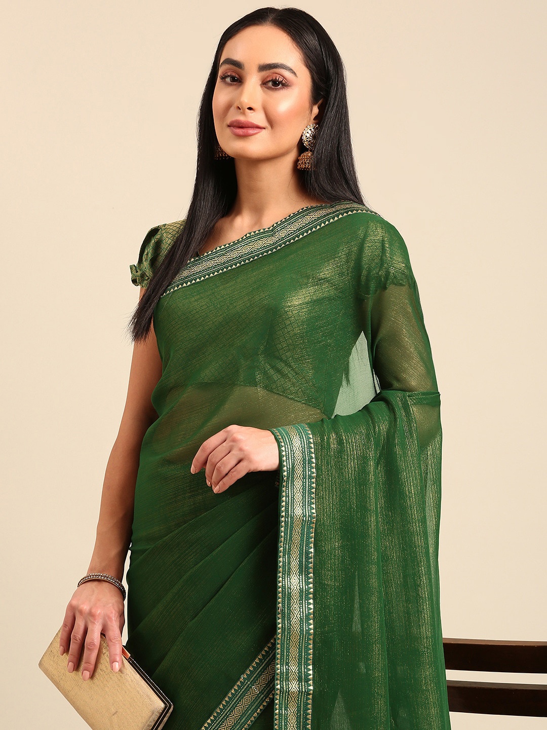 

HERE&NOW Pure Georgette Saree, Green