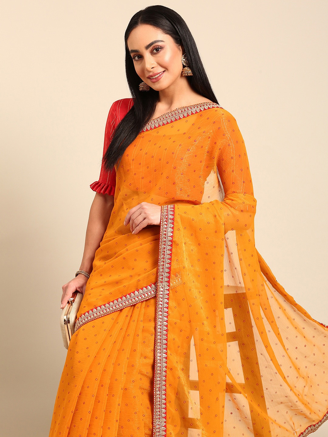 

HERE&NOW Ethnic Motifs Pure Chiffon Saree, Yellow