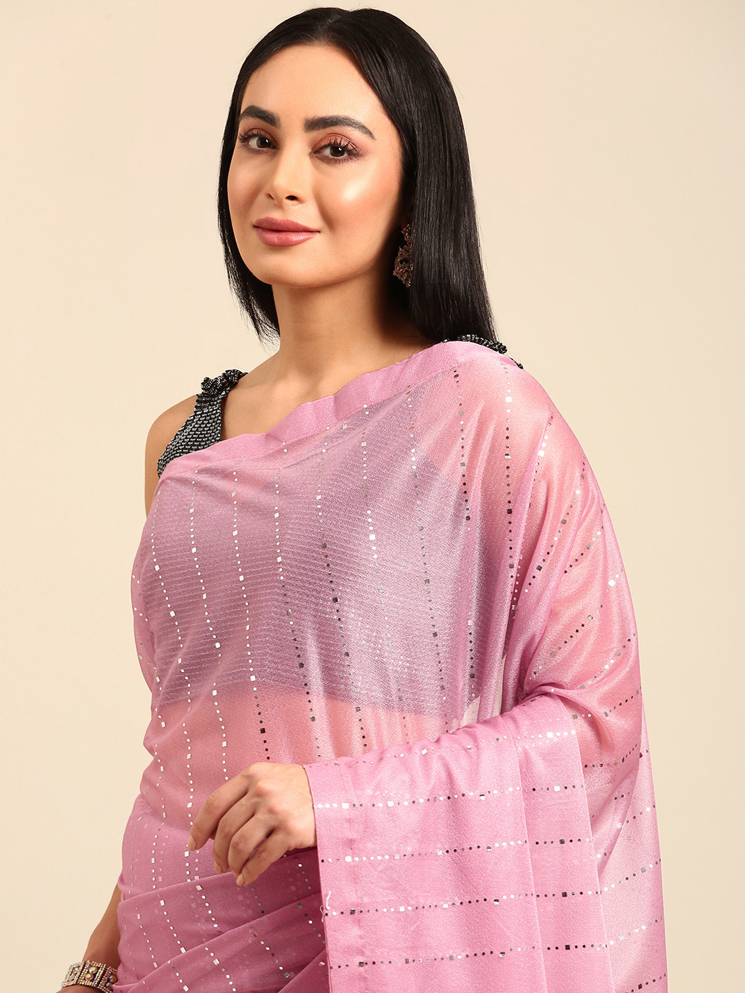 

HERE&NOW Striped Beads and Stones Saree, Pink