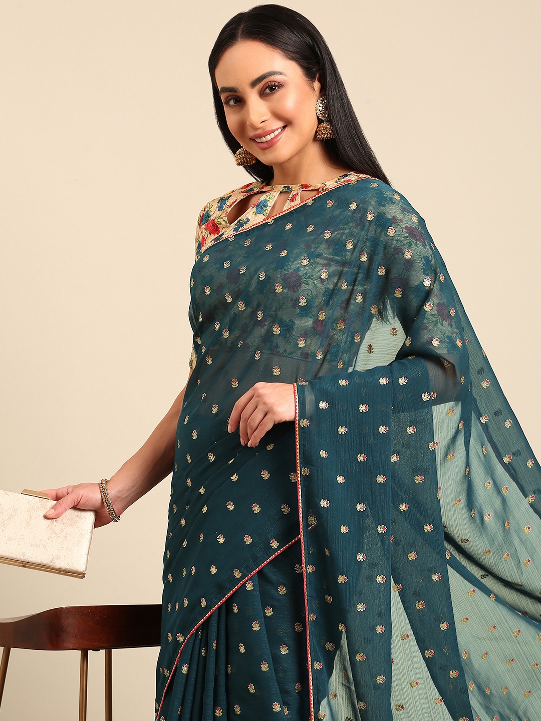 

HERE&NOW Ethnic Motifs Zari Pure Chiffon Saree, Navy blue