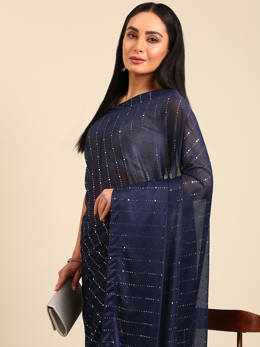 

HERE&NOW Striped Beads and Stones Saree, Navy blue