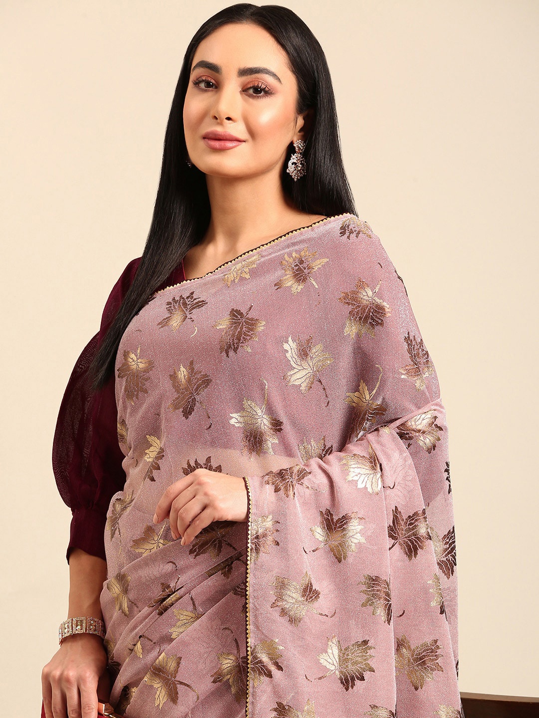 

HERE&NOW Ethnic Motifs Zari Pure Chiffon Saree, Pink