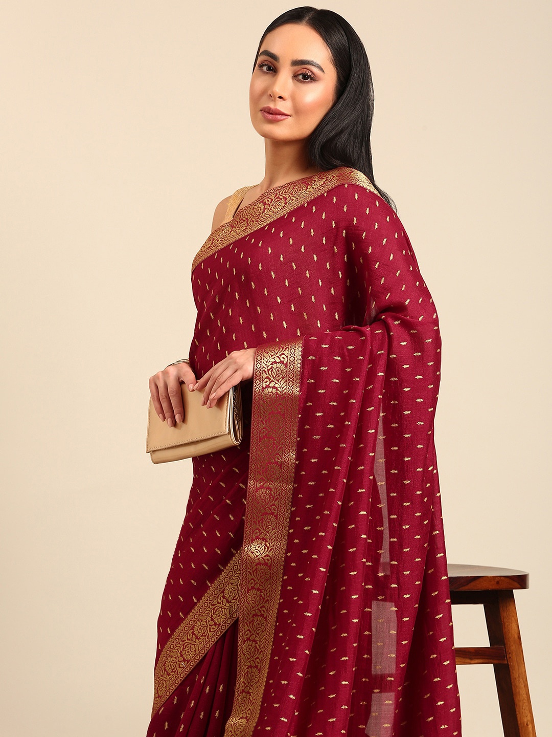 

HERE&NOW Ethnic Motifs Zari Silk Blend Saree, Maroon