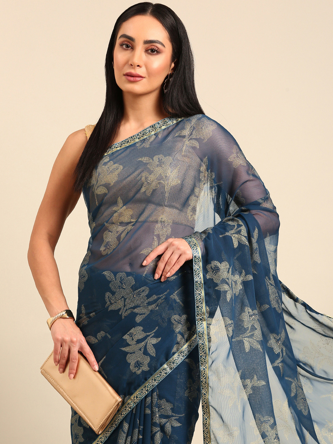 

HERE&NOW Floral Zari Pure Georgette Saree, Navy blue
