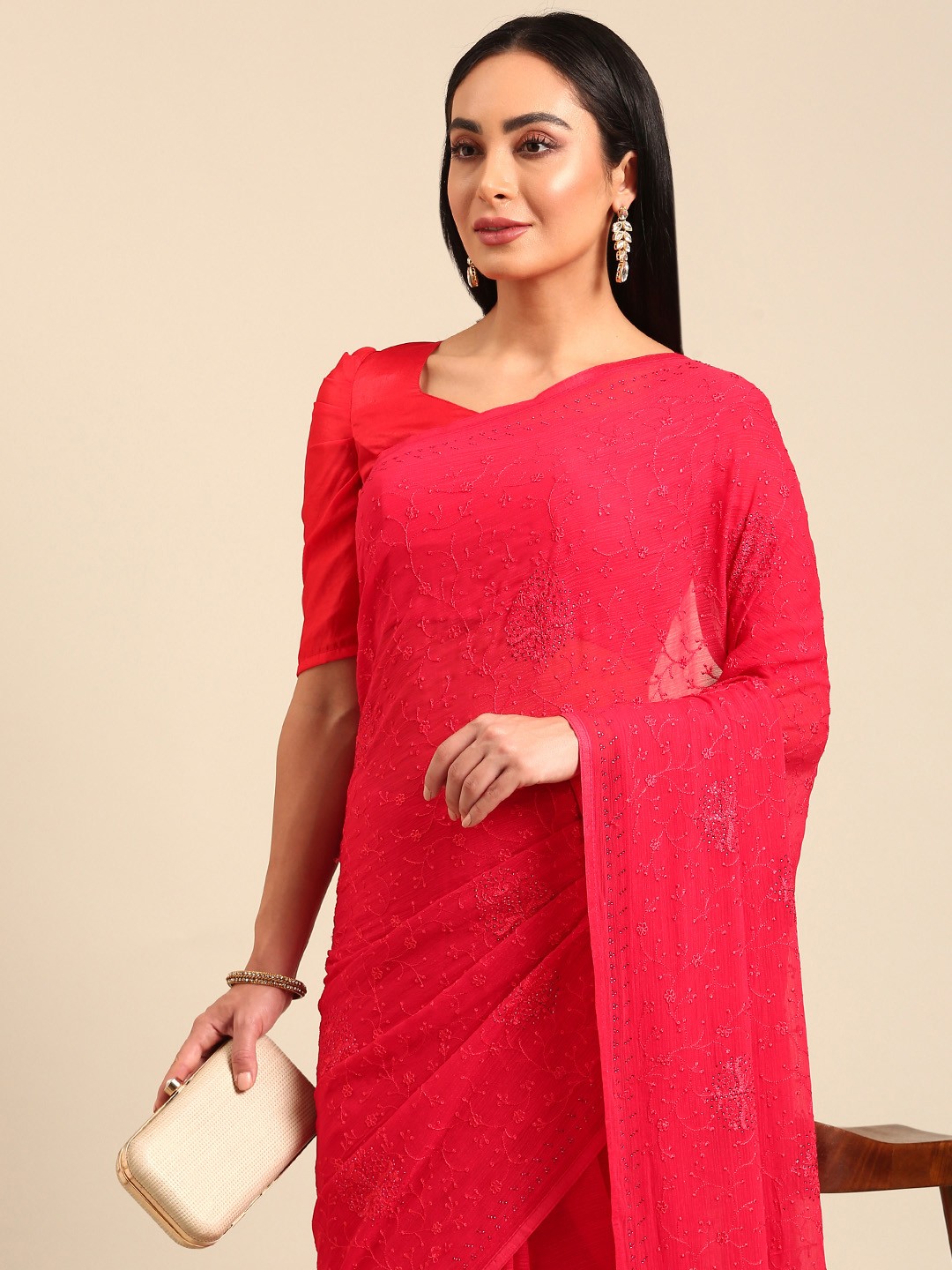 

HERE&NOW Floral Beads and Stones Pure Chiffon Saree, Pink