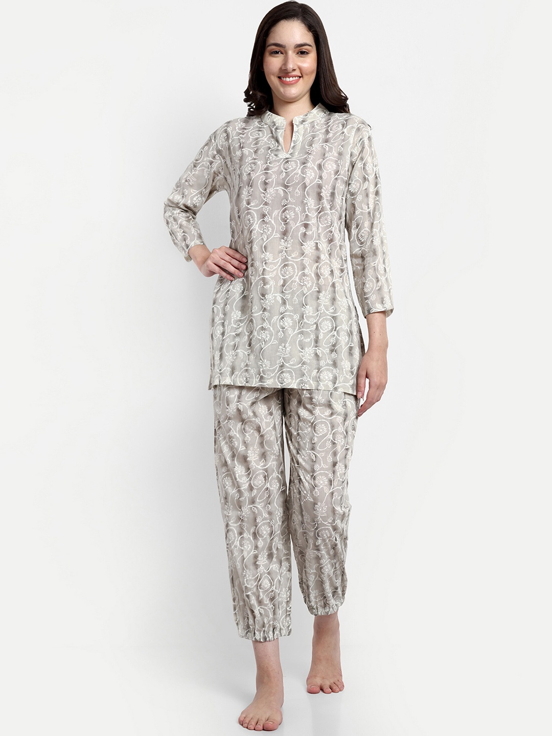 

NIGHT FLOSS Floral Printed Mandarin Collar Pure Cotton Night suit, Grey