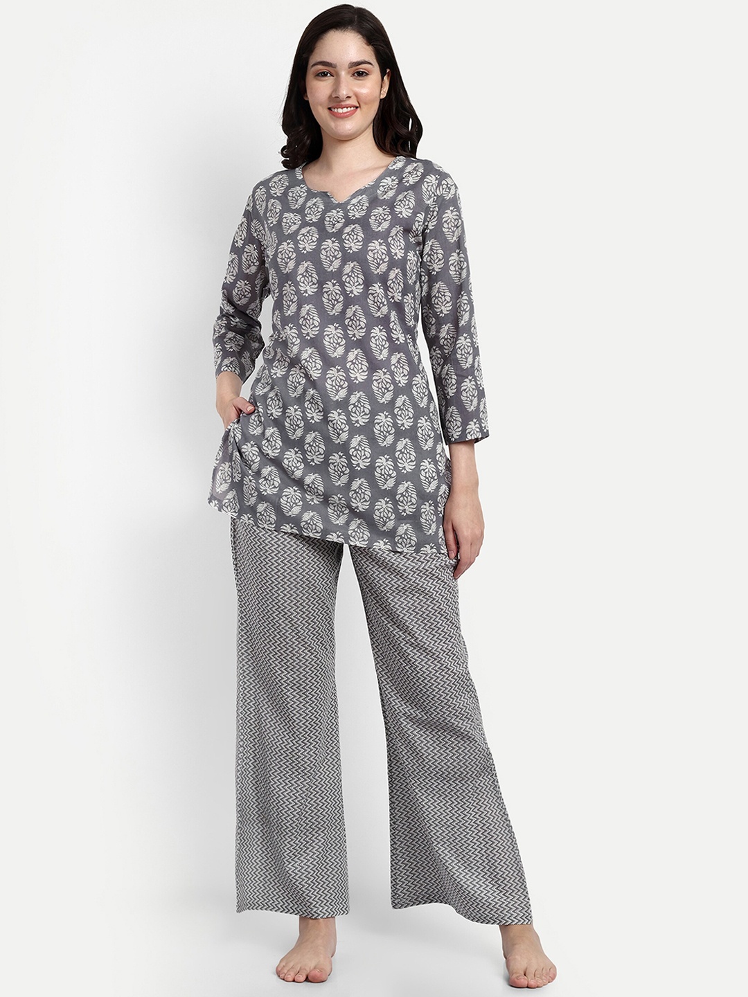 

NIGHT FLOSS Pure Cotton Printed Night suit, Grey