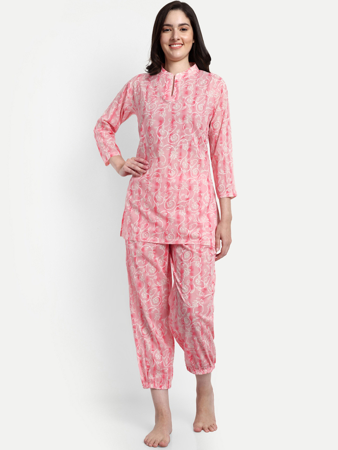 

NIGHT FLOSS Floral Printed Pure Cotton Night suit, Pink