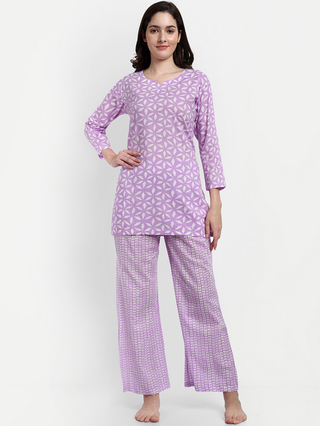 

NIGHT FLOSS Geometric Printed Pure Cotton Night suit, Purple