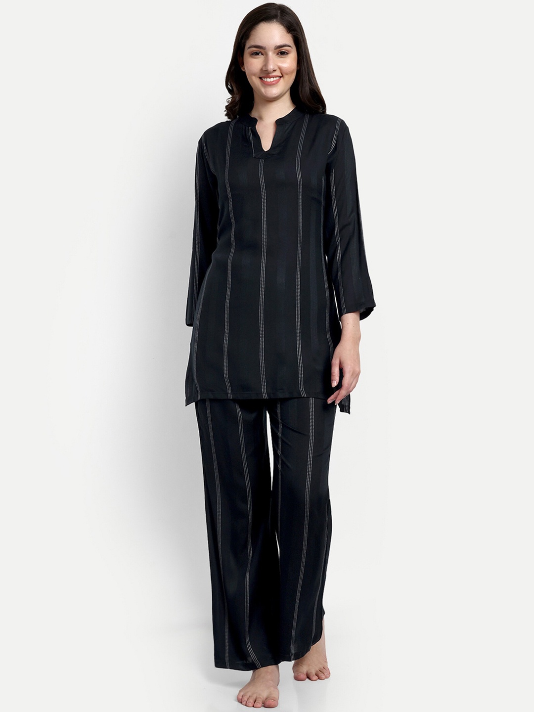 

NIGHT FLOSS Striped Mandarin Collar Pure Cotton Night suit, Black