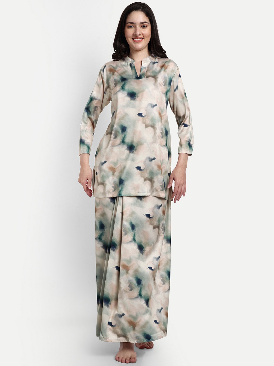 

NIGHT FLOSS Abstract Printed Pure Cotton Night Suit, Nude