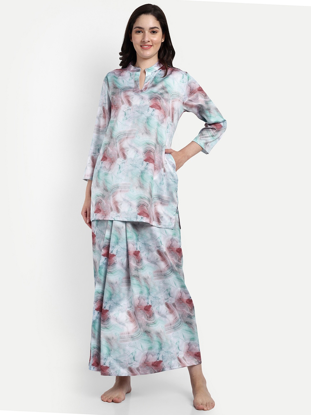 

NIGHT FLOSS Tie and Dyed Satin Night suit, Blue
