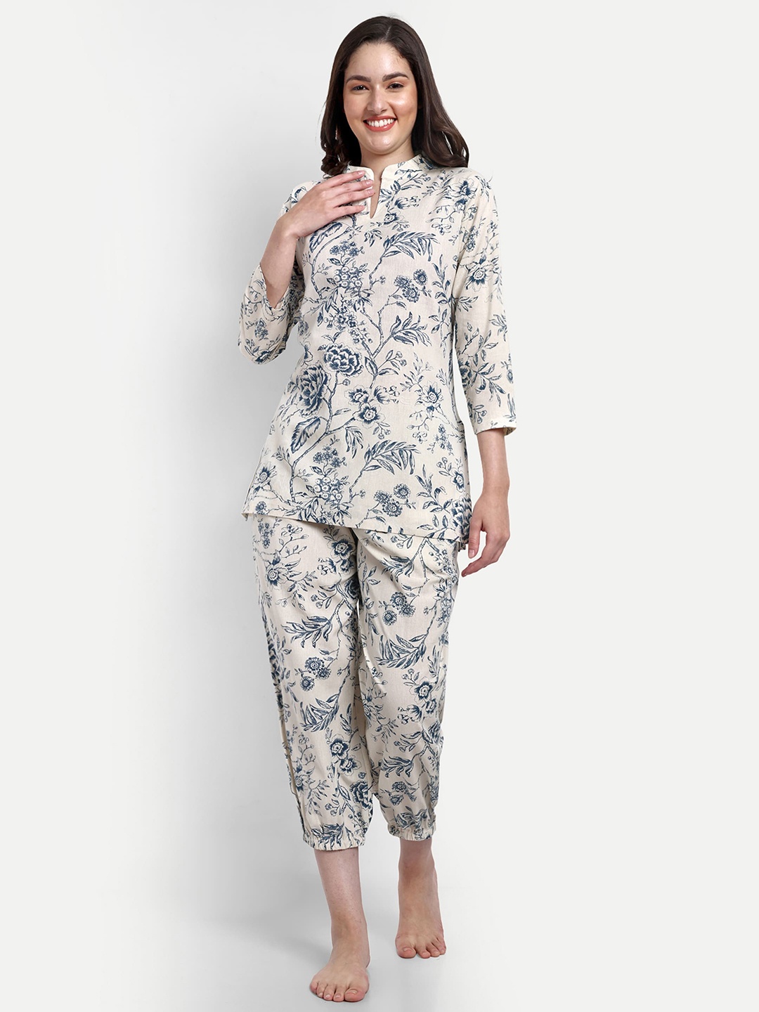 

NIGHT FLOSS Floral Printed Pure Cotton Night suit, Off white