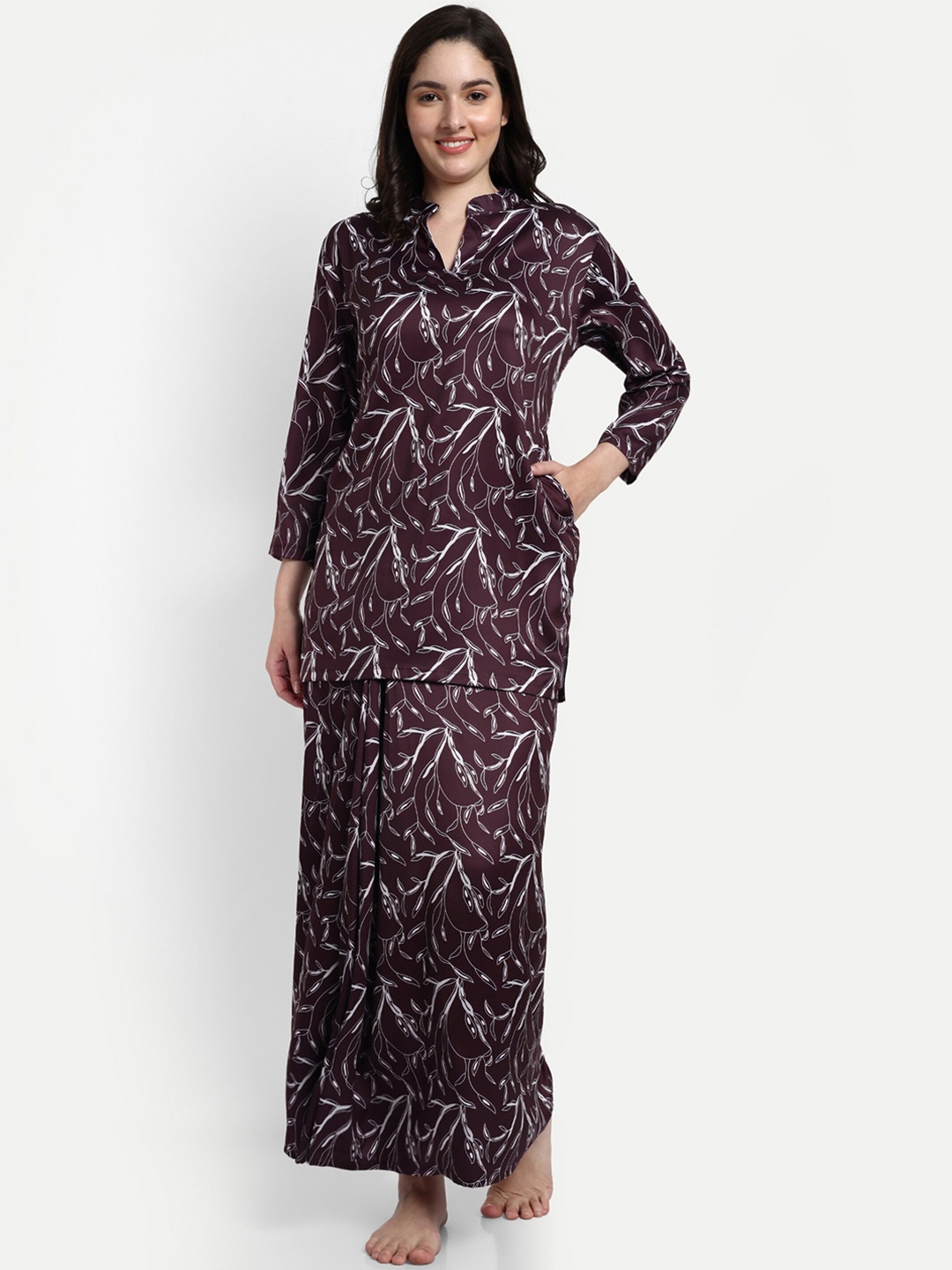 

NIGHT FLOSS Floral Printed Satin Night suit, Maroon