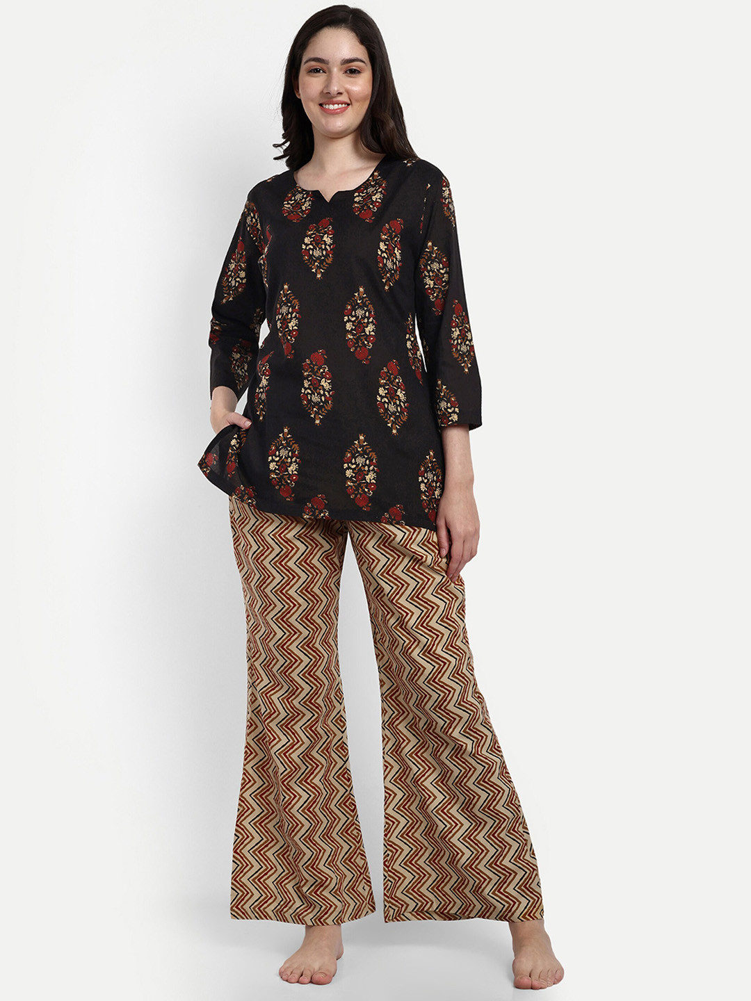 

NIGHT FLOSS Ethnic Motifs Printed Pure Cotton Night suit, Brown