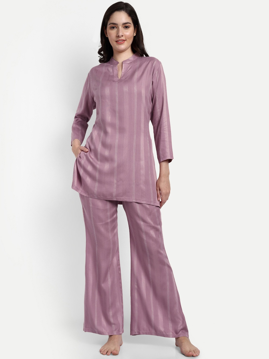 

NIGHT FLOSS Striped Pure Cotton Night Suit, Mauve