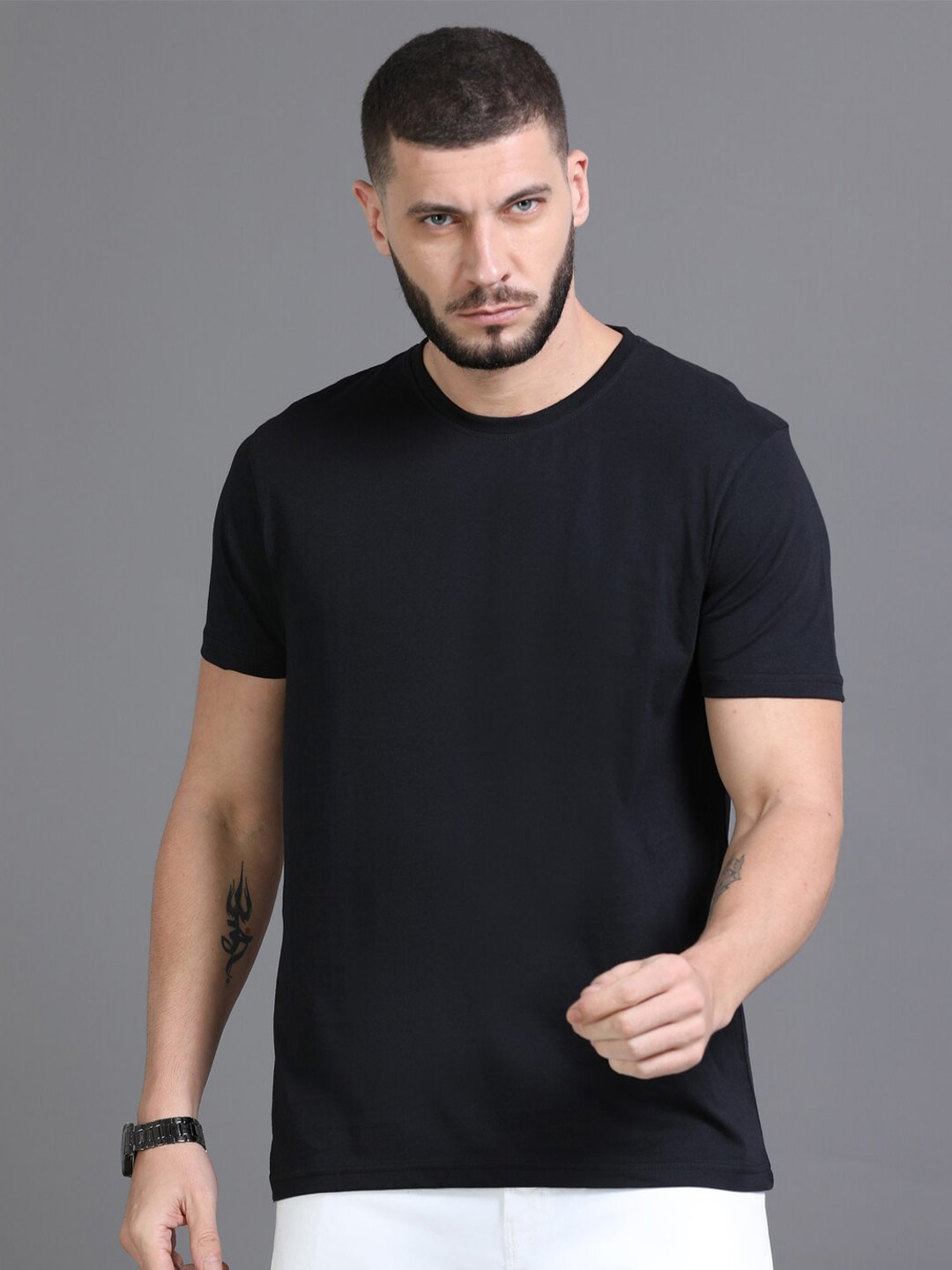 

Dogi Verg Round Neck Pure Cotton Slim Fit Casual T-shirt, Black