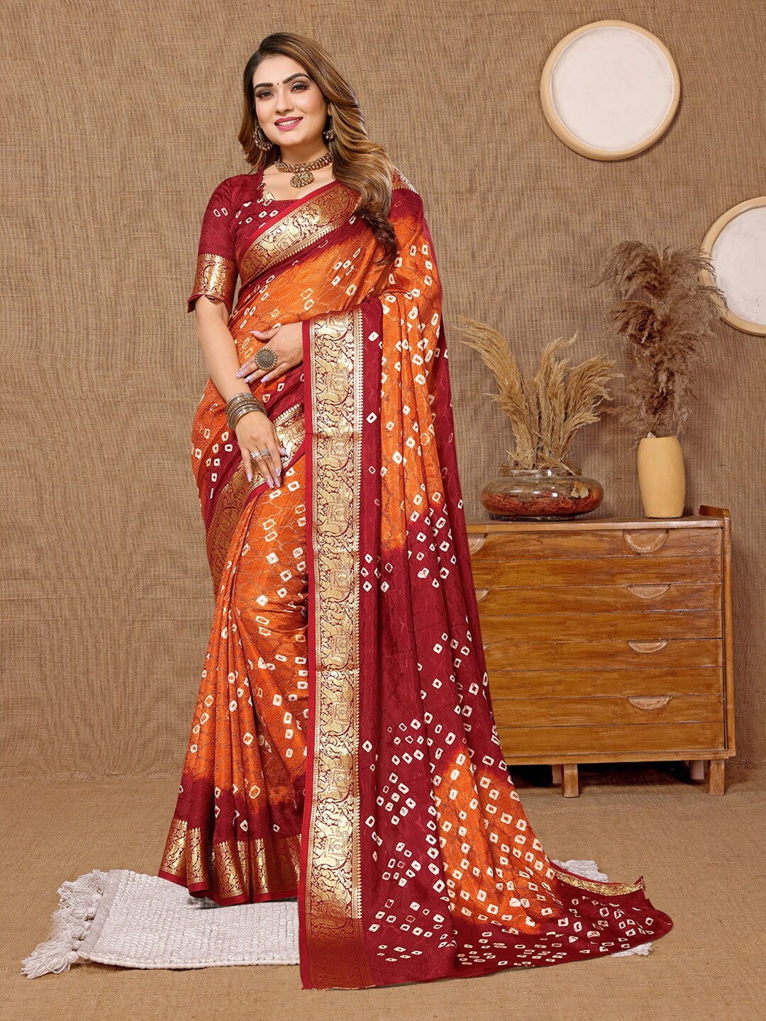 

Hema silk mills Bandhani Printed Saree, Orange