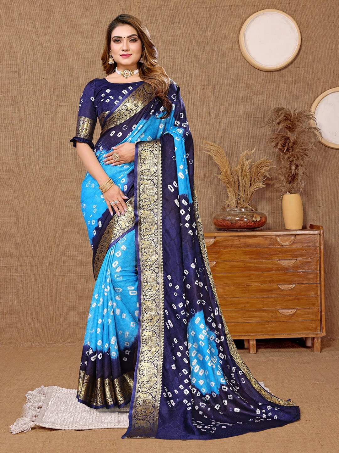 

Hema silk mills Bandhani Printed Saree, Blue