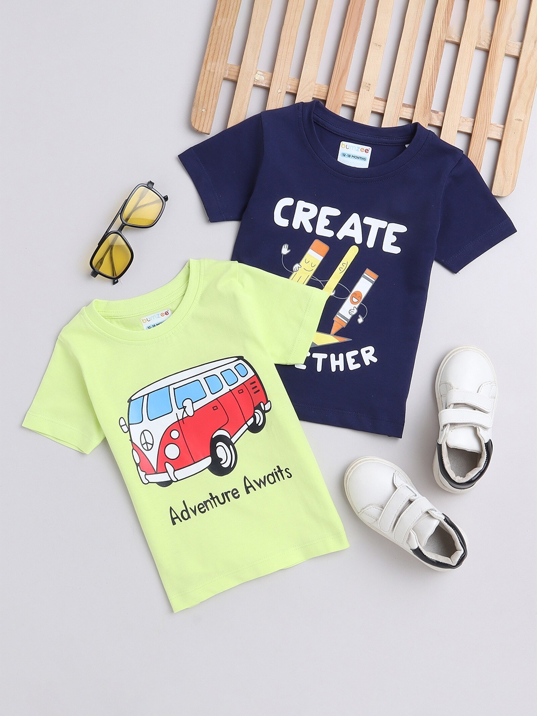 

BUMZEE Boys Pack Of 2 Printed Cotton T-shirts, Green