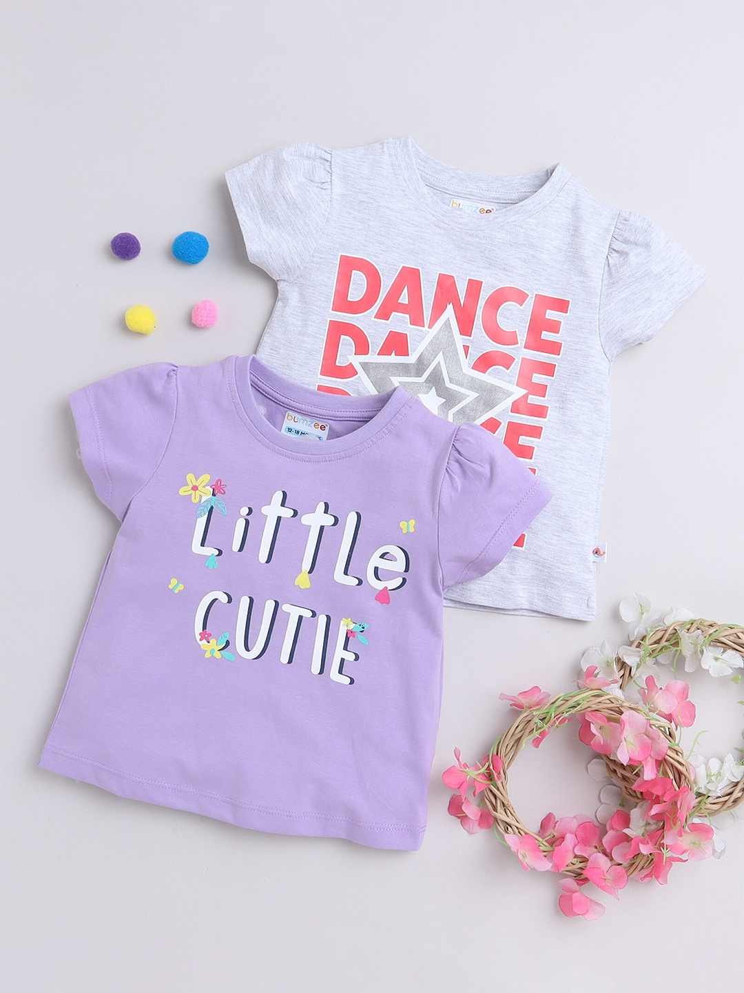 

BUMZEE Girls Pack Of 2 Printed Cotton T-shirts, Grey