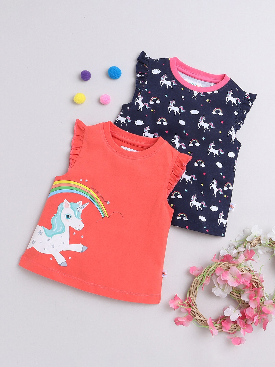 

BUMZEE Girls Pack Of 2 Unicorn Printed Sleeveless Cotton T-shirt, Navy blue