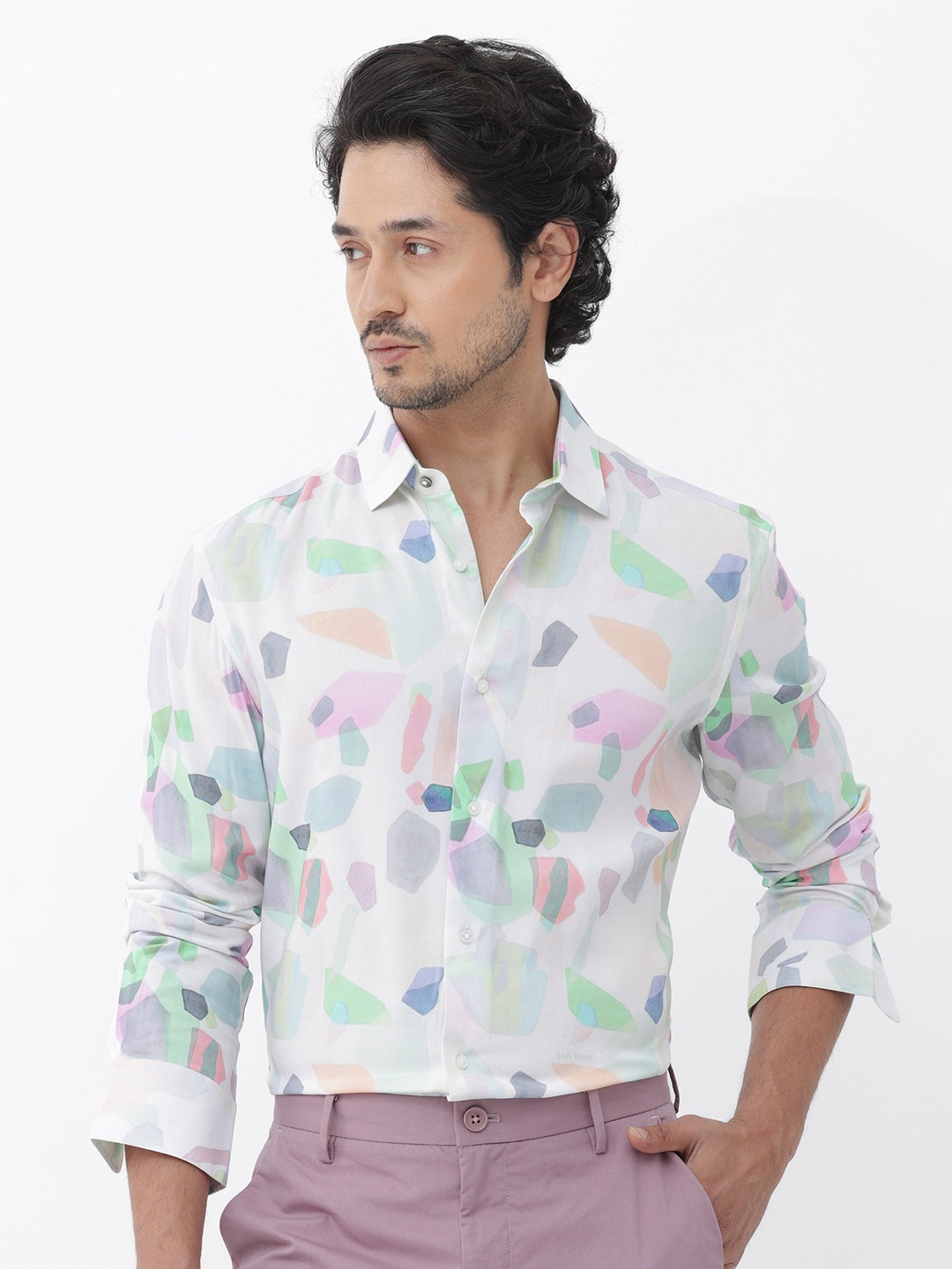 

RARE RABBIT Men Rumelo Regular Fit Geometric Printed Shirt, Off white