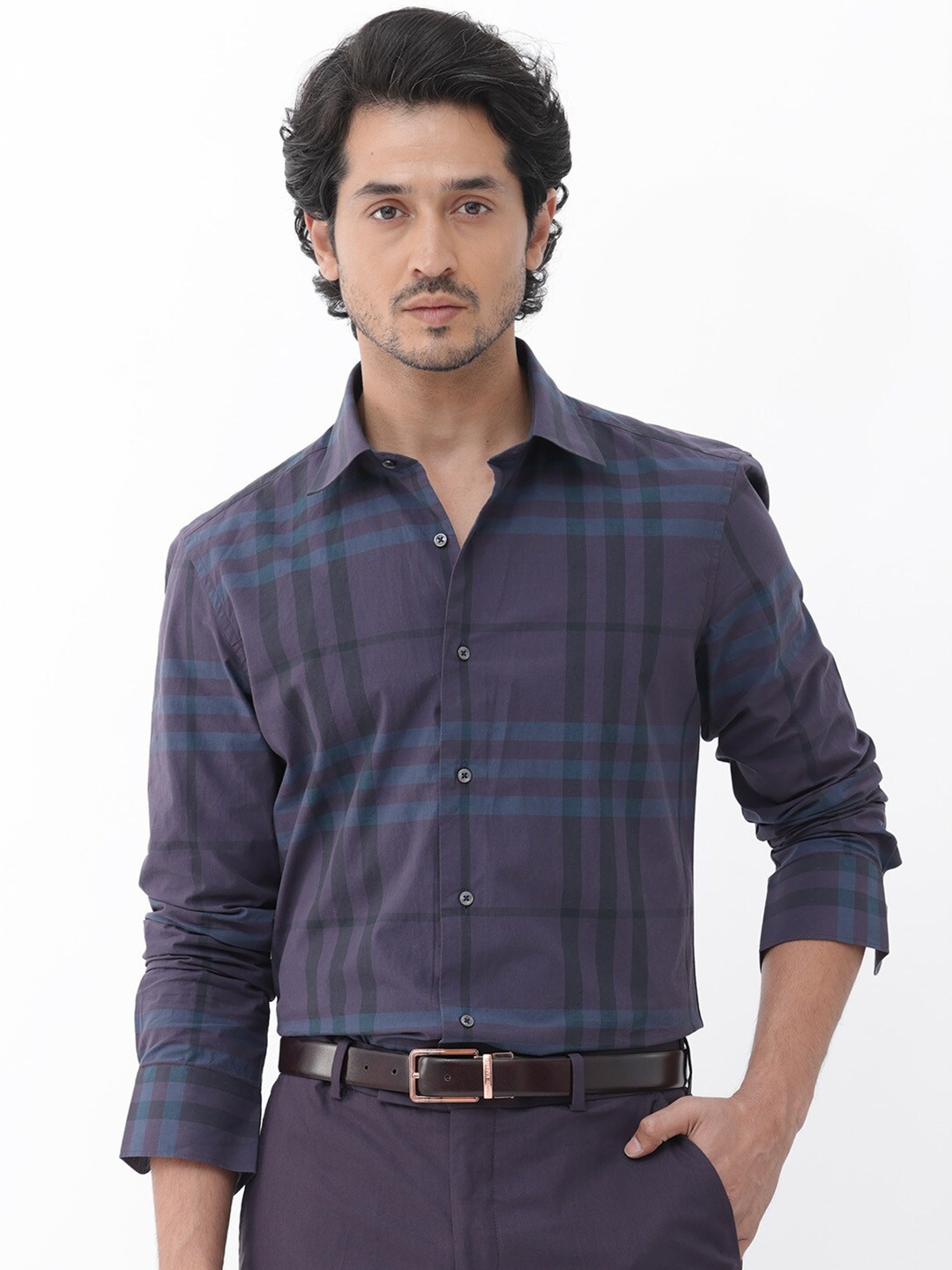 

RARE RABBIT Men Gramy Regular Fit Tartan Checked Shirt, Navy blue
