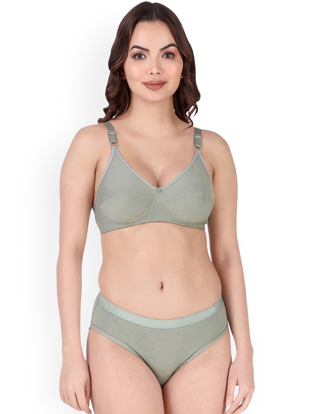 

In-Curve Breathable Cotton Non-Padded Bra With Basic Briefs, Green