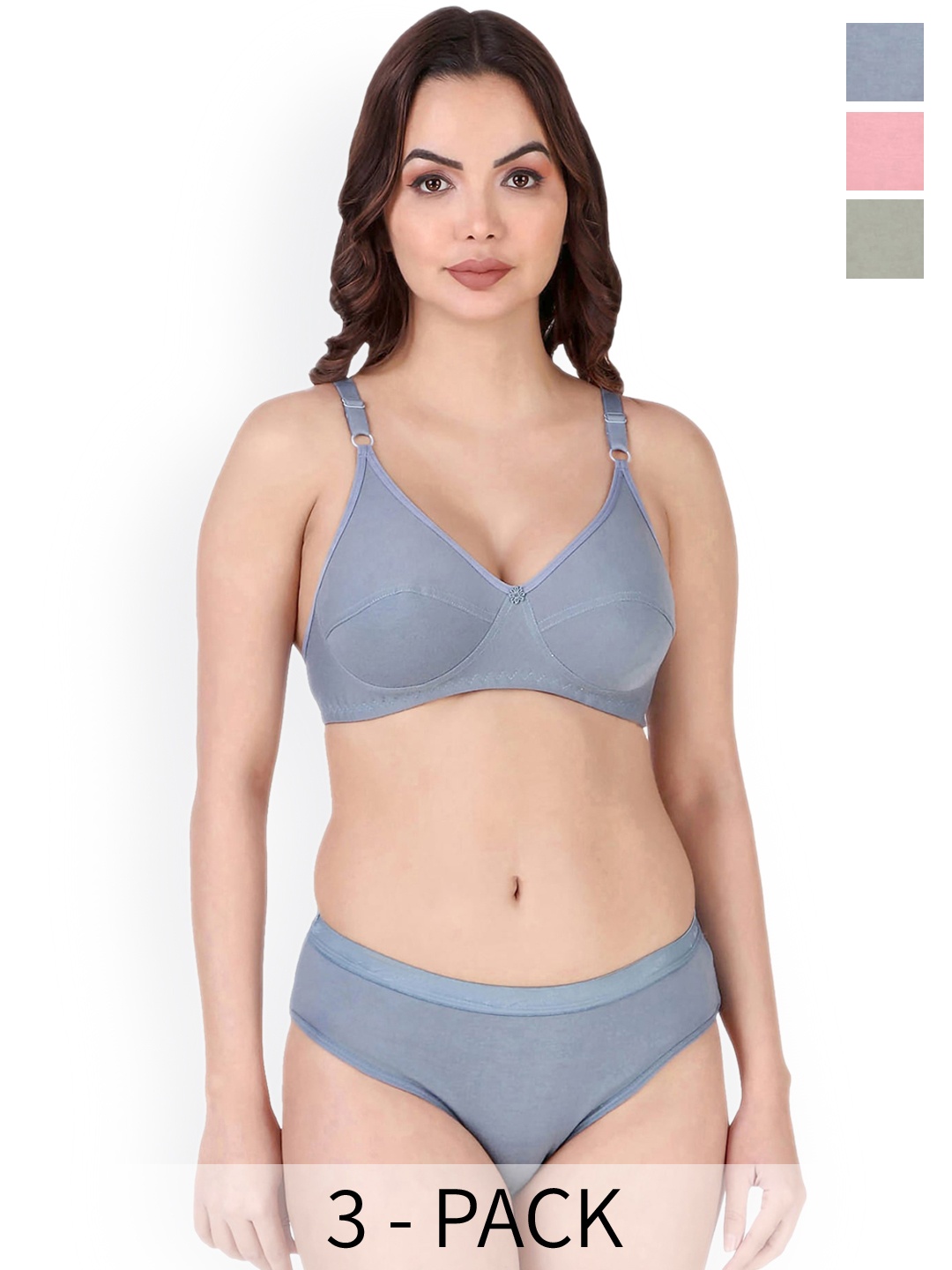 

In-Curve Pack Of 3 Non Padded Cotton Lingerie Set, Blue