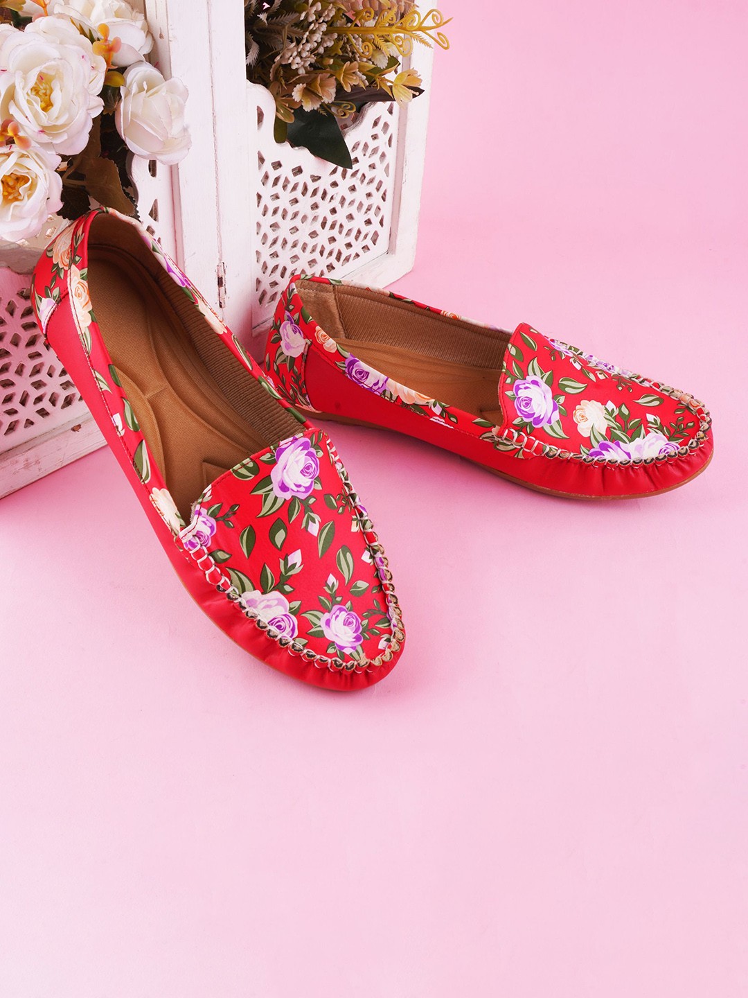 

PERY PAO Women Printed Comfort Insole Round Toe Loafers, Red