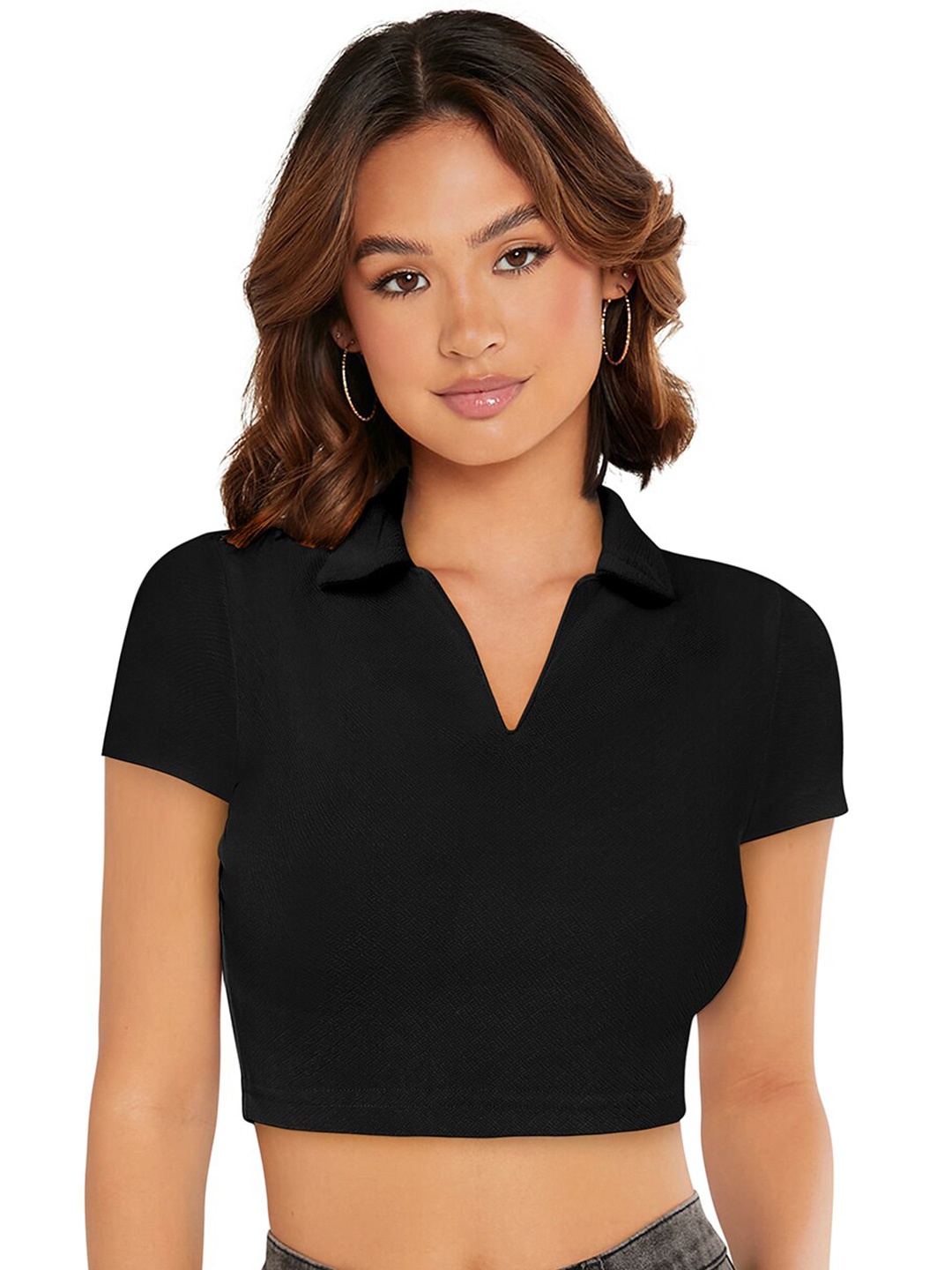 

SANJANA SILK Shirt Collar Fitted Crop Top, Black