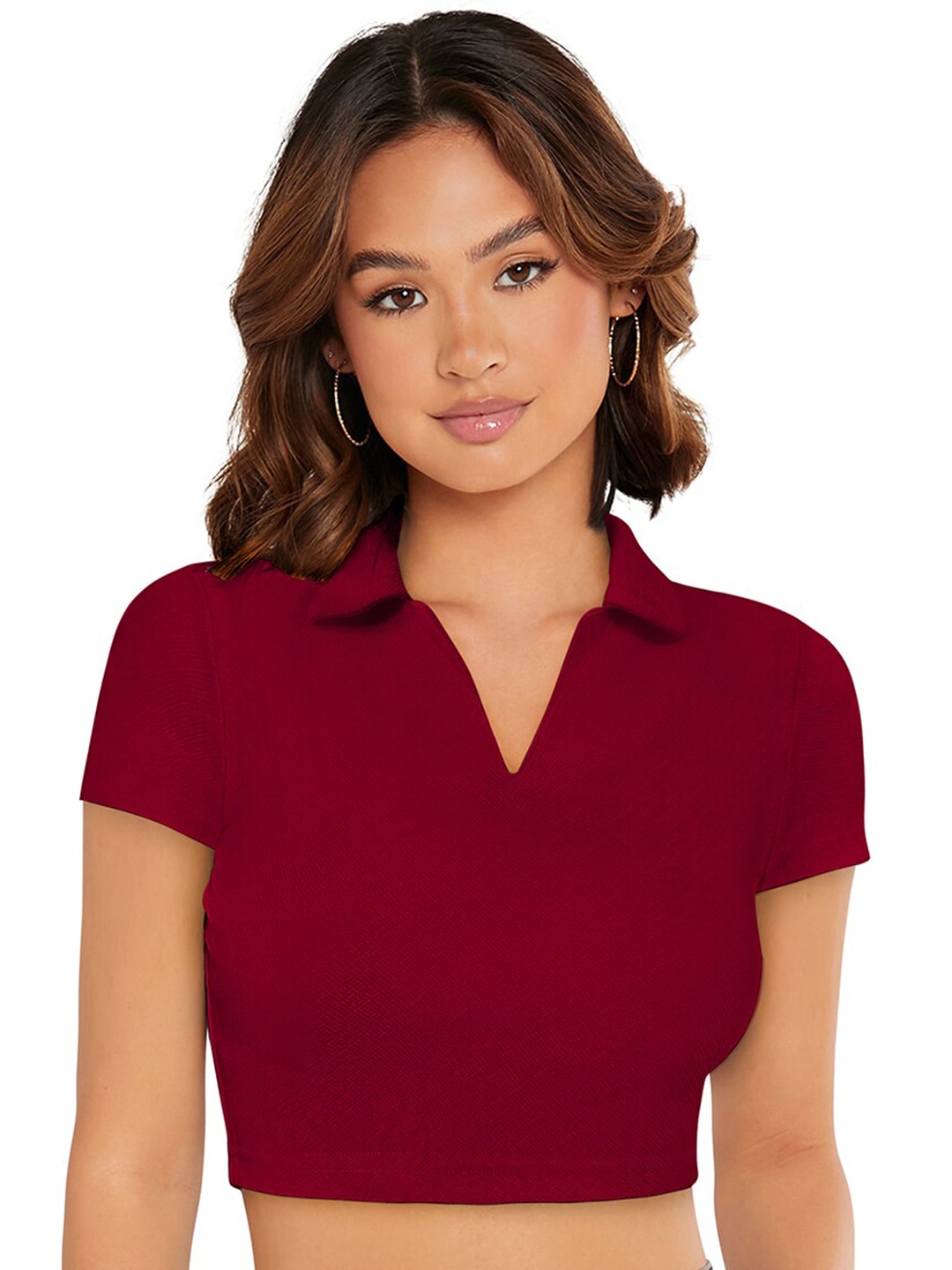 

SANJANA SILK Shirt Collar Fitted Crop Top, Maroon